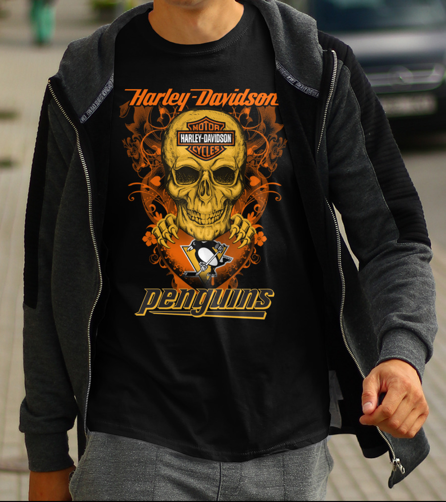 Harley Davidson Motor Cycles Skull Penguins Nhl Pittsburgh T-Shirt
