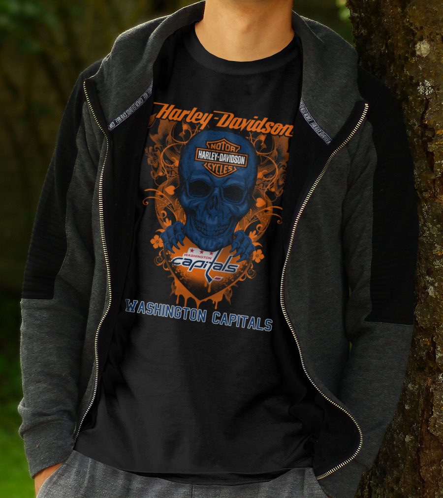 Harley Davidson Washington Capitals Motorcycles Blue Skull T-Shirt