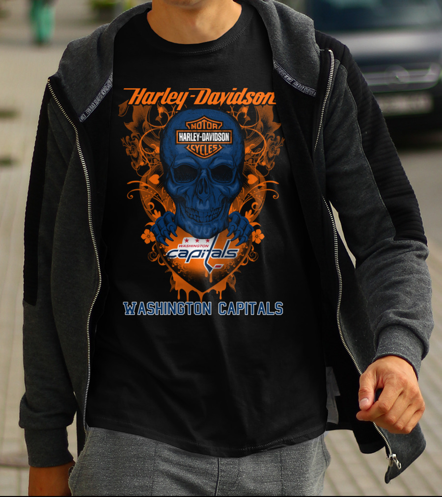 Harley Davidson Washington Capitals Motorcycles Blue Skull T-Shirt