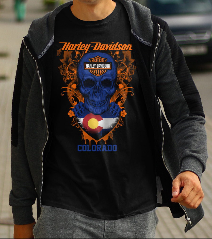Harley Davidson Motorcycles Blue Skull Colorado Flag T-Shirt