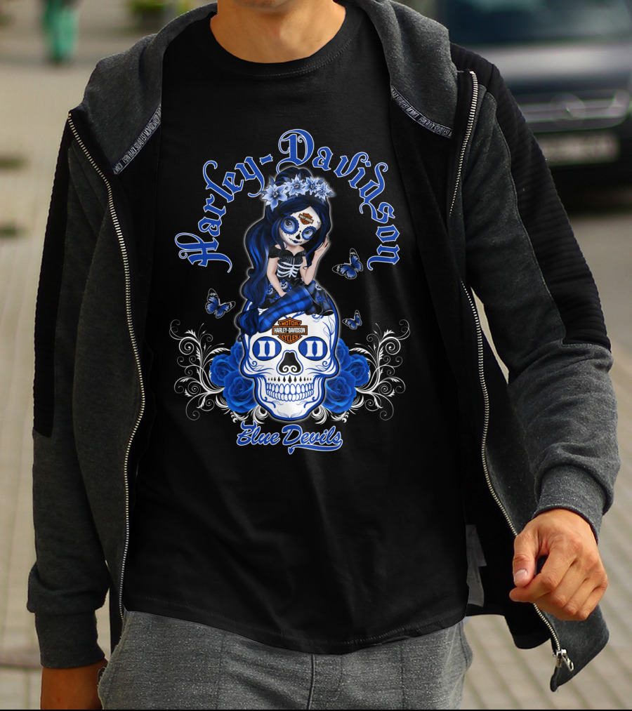 Harley Davidson Blue Devils Skull Art With Butterflies And Roses T-Shirt