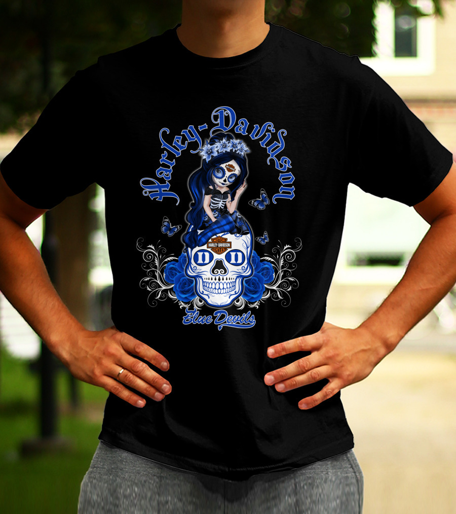 Harley Davidson Blue Devils Skull Art With Butterflies And Roses T-Shirt