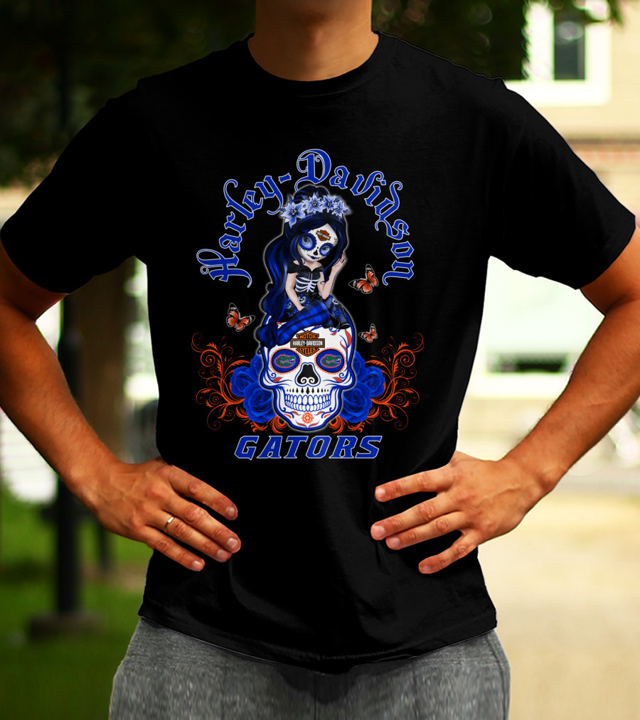 Harley Davidson Florida Gators Skull With Blue Roses And Butterflies T-Shirt