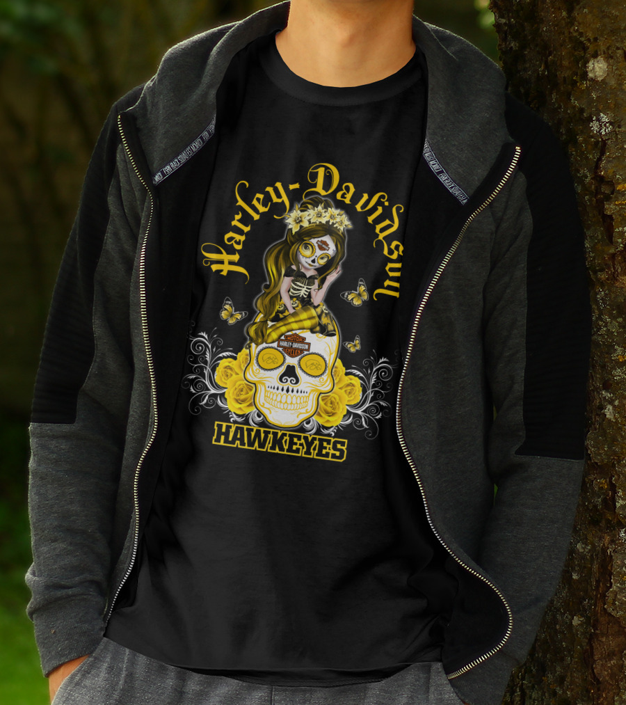 Harley Davidson Iowa Hawkeyes Day Of The Dead Girl With Skull And Butterflies T-Shirt