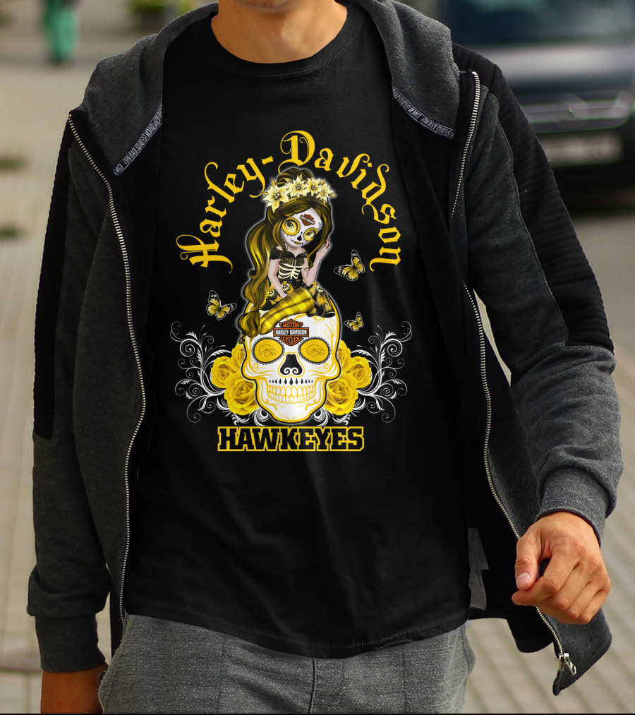 Harley Davidson Iowa Hawkeyes Day Of The Dead Girl With Skull And Butterflies T-Shirt