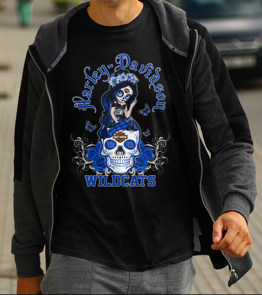 Harley Davidson Kentucky Wildcats Skull Girl With Blue Roses And Butterflies T-Shirt