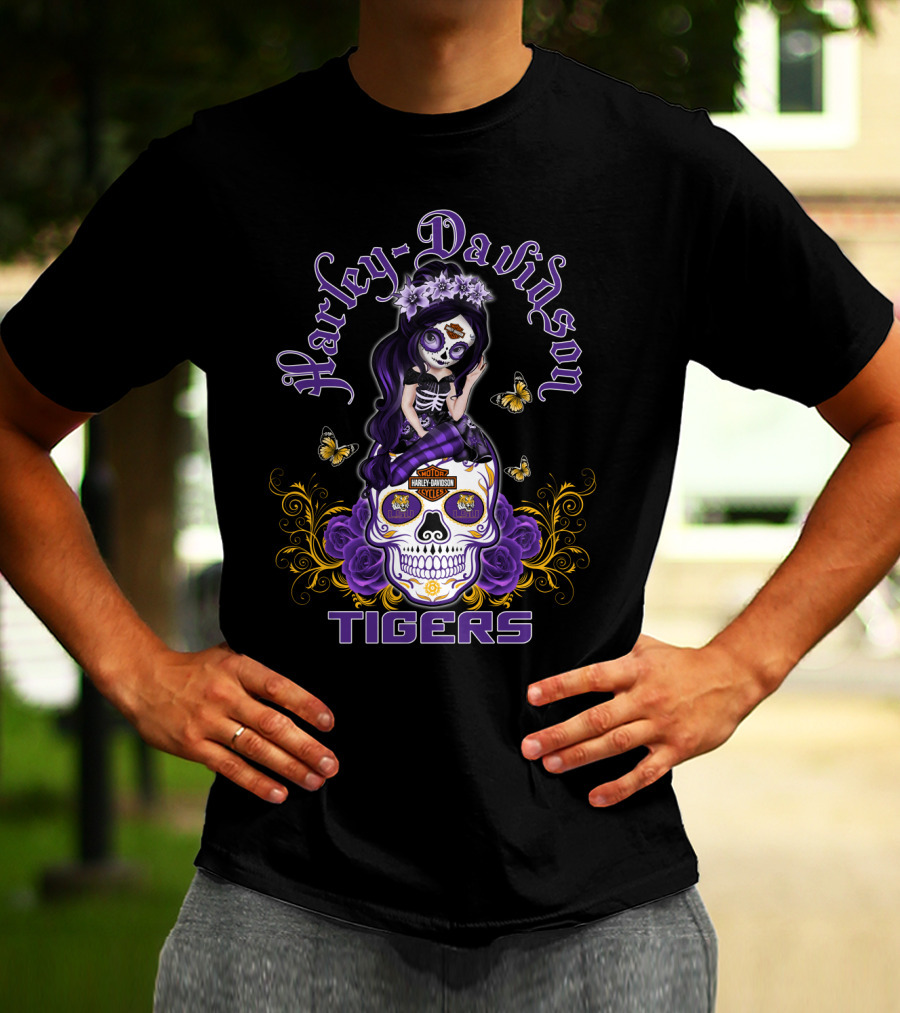 Harley Davidson Lsu Tigers Skull With Purple Flowers And Butterflies T-Shirt