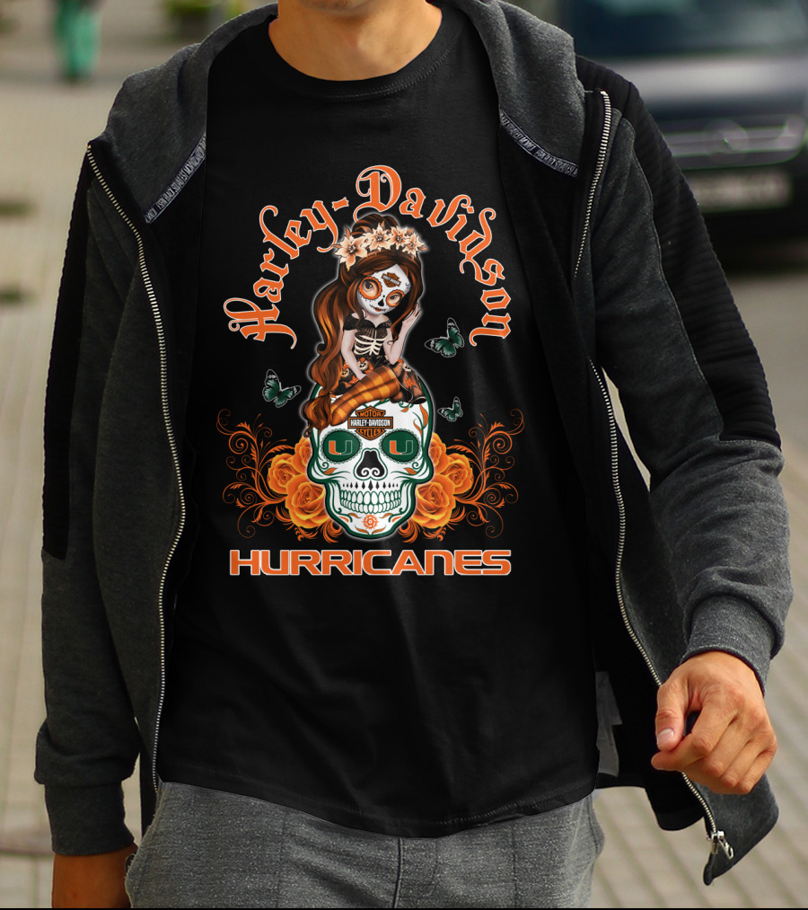 Harley Davidson Miami Hurricanes Butterfly Skull Roses T-Shirt