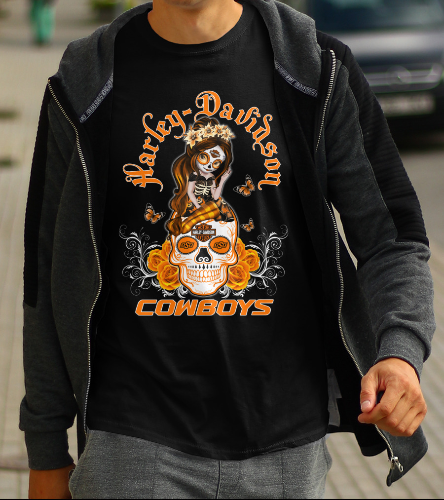 Harley Davidson Osu Cowboys Sugar Skull Roses Butterfly T-Shirt
