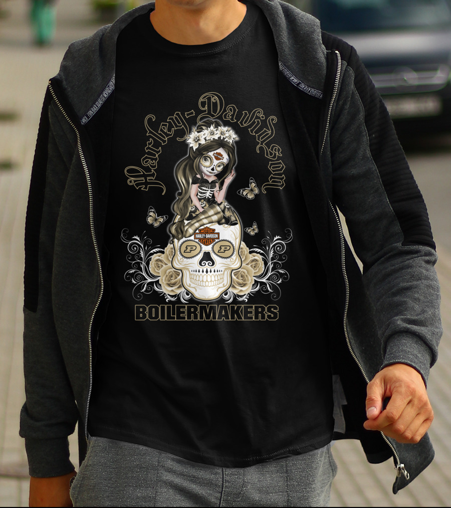 Harley Davidson Motor Cycles Boilermakers Purdue P Skull Roses Butterflies T-Shirt