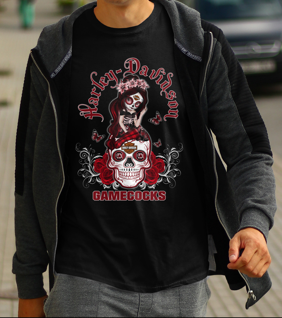 Harley Davidson Gamecocks Skull With Roses And Butterflies T-Shirt