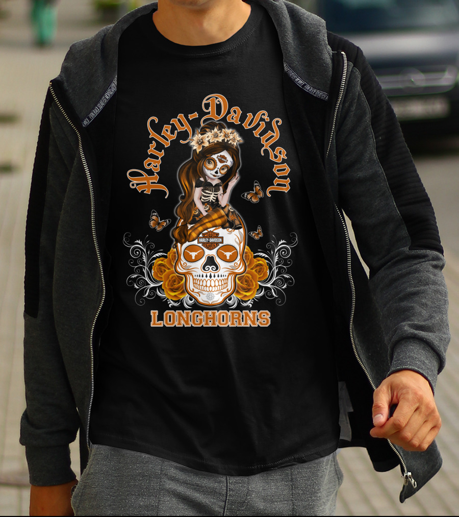Harley Davidson Longhorns Texas Girl Skull Floral Motif T-Shirt