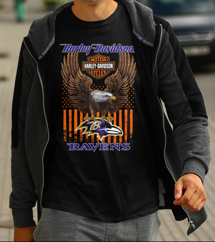 Harley Davidson Motor Cycles Baltimore Ravens Eagle American Flag T-Shirt