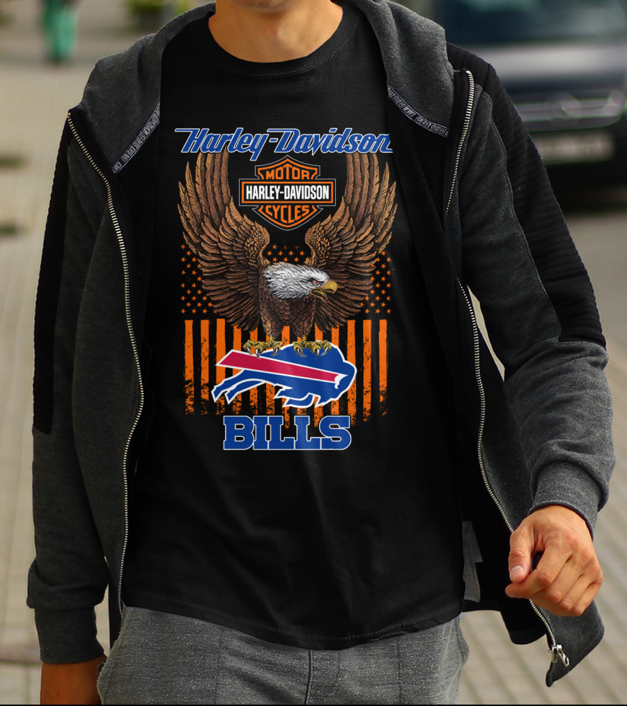 Harley Davidson Motor Cycles Buffalo Bills Eagle American Flag T-Shirt