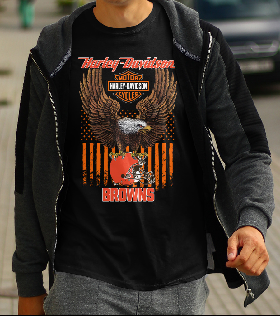 Harley Davidson Motor Cycles Nfl Cleveland Browns Eagle Flag T-Shirt