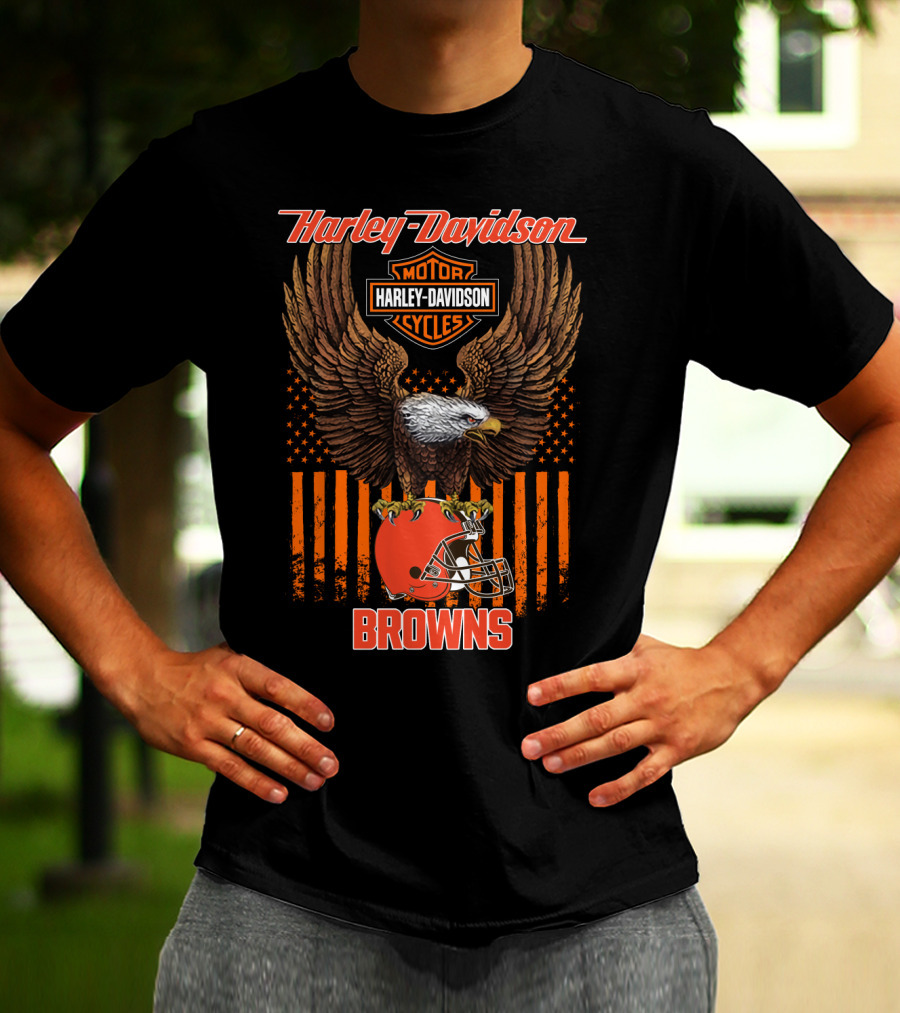 Harley Davidson Motor Cycles Nfl Cleveland Browns Eagle Flag T-Shirt