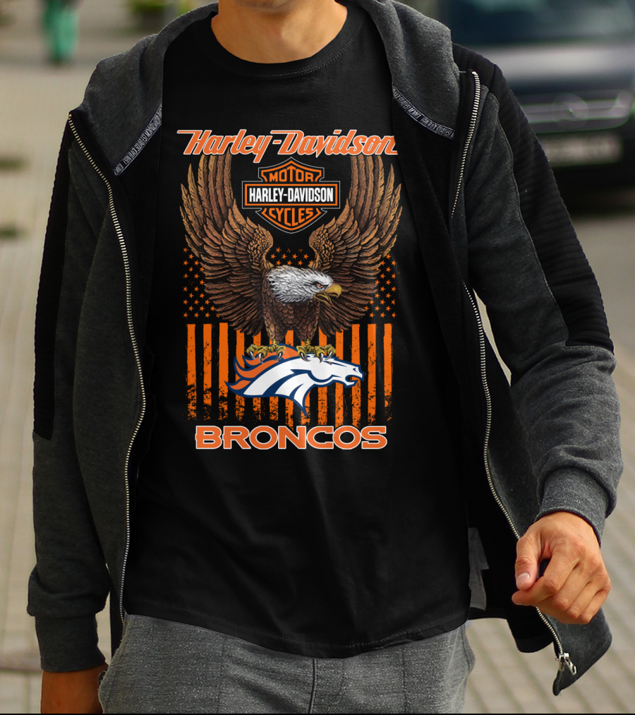 Harley Davidson Motor Cycles Denver Broncos Eagle American Flag T-Shirt
