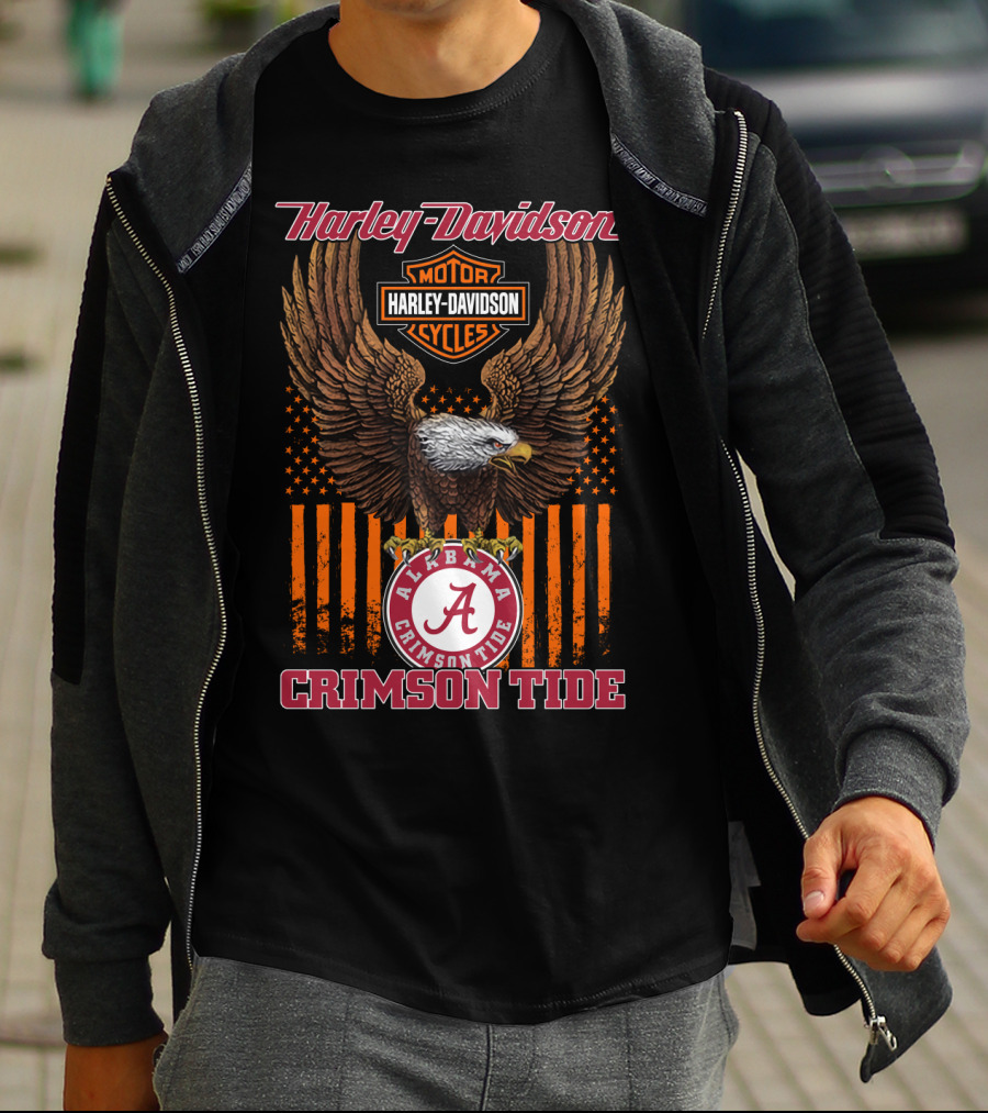 Harley Davidson Alabama Crimson Tide Eagle Usa Flag T-Shirt