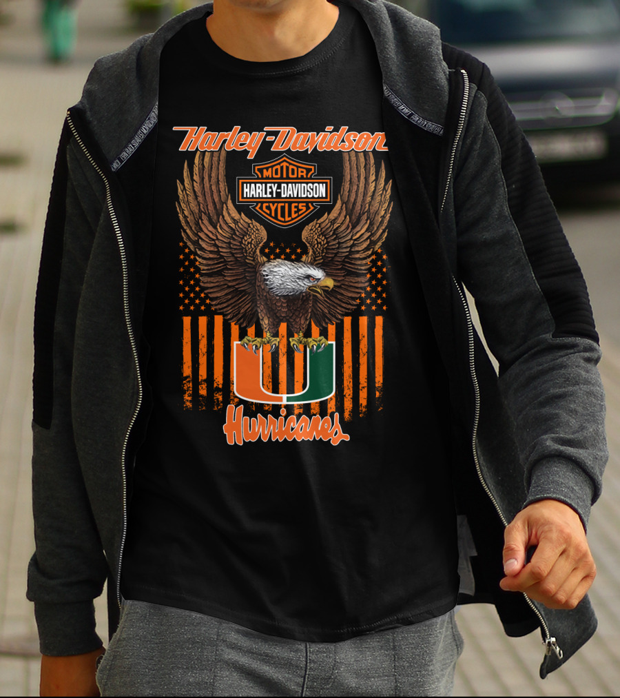 Harley Davidson Miami Hurricanes U Logo With Eagle And Stripes T-Shirt