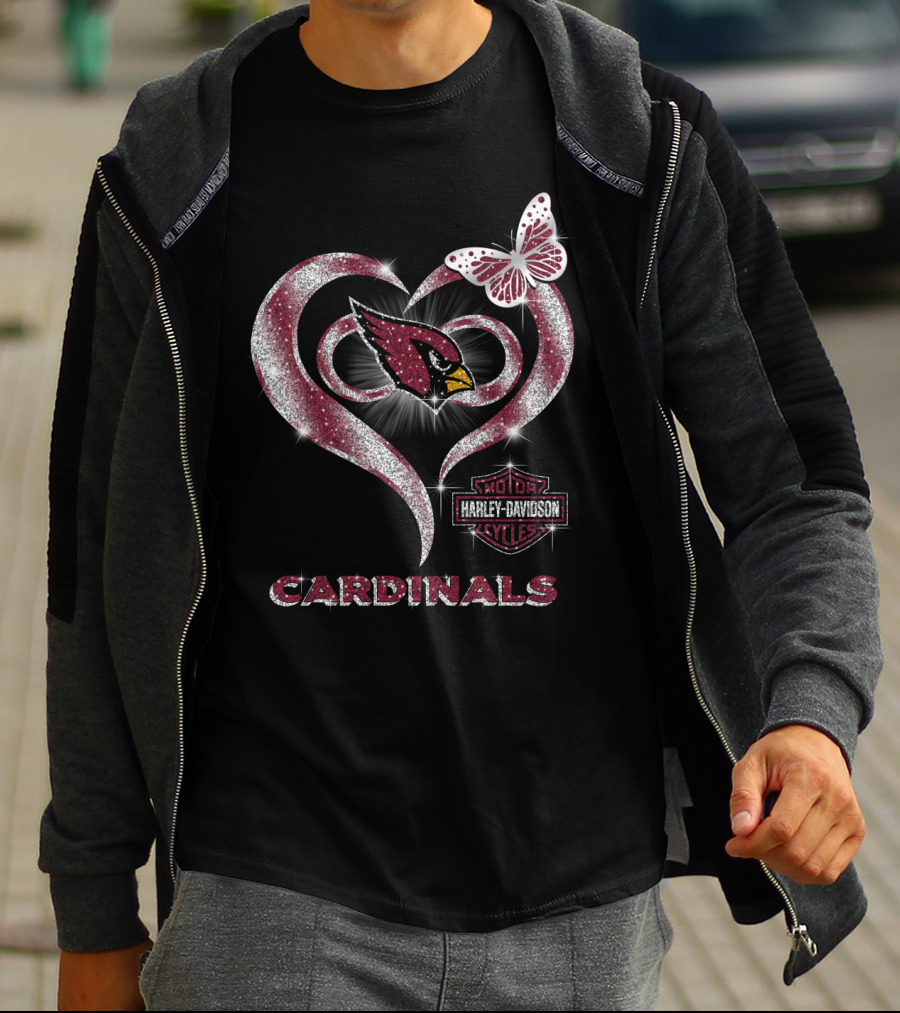 Arizona Cardinals Harley Davidson Logo Heart And Butterfly Sparkle T-Shirt