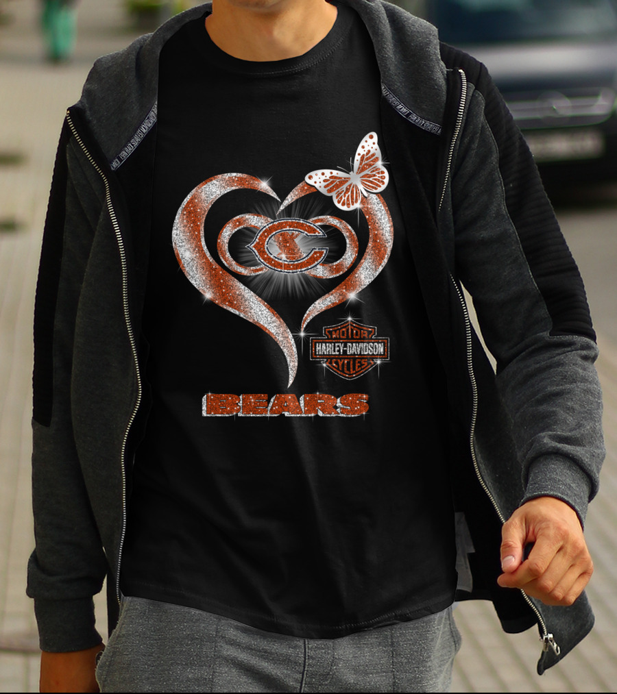 Chicago Bears Heart Harley Davidson Butterfly T-Shirt