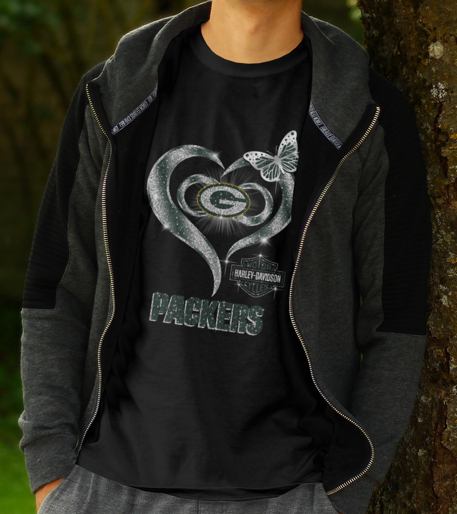 Green Bay Packers Harley Davidson Heart Butterfly T-Shirt