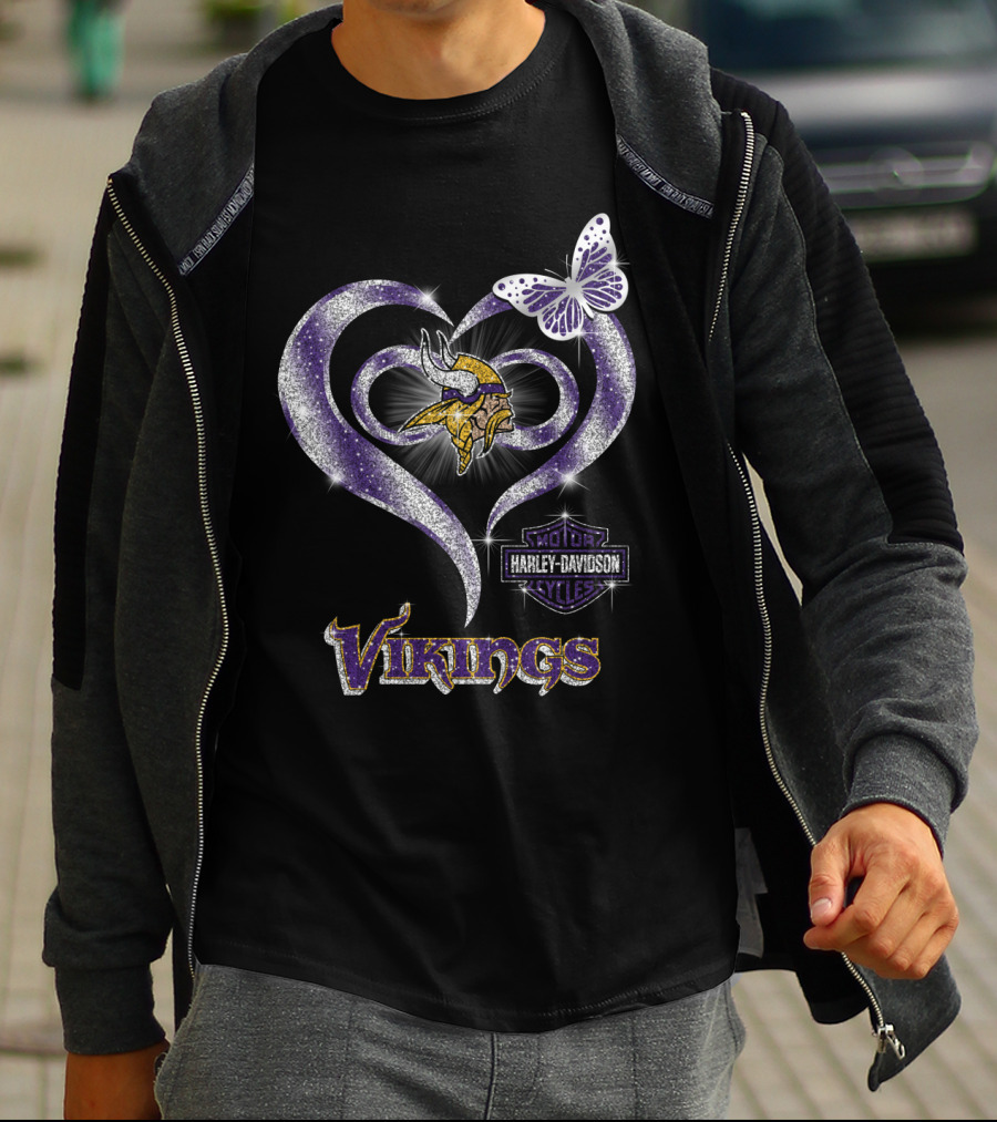 Minnesota Vikings Harley Davidson Heart Butterfly T-Shirt