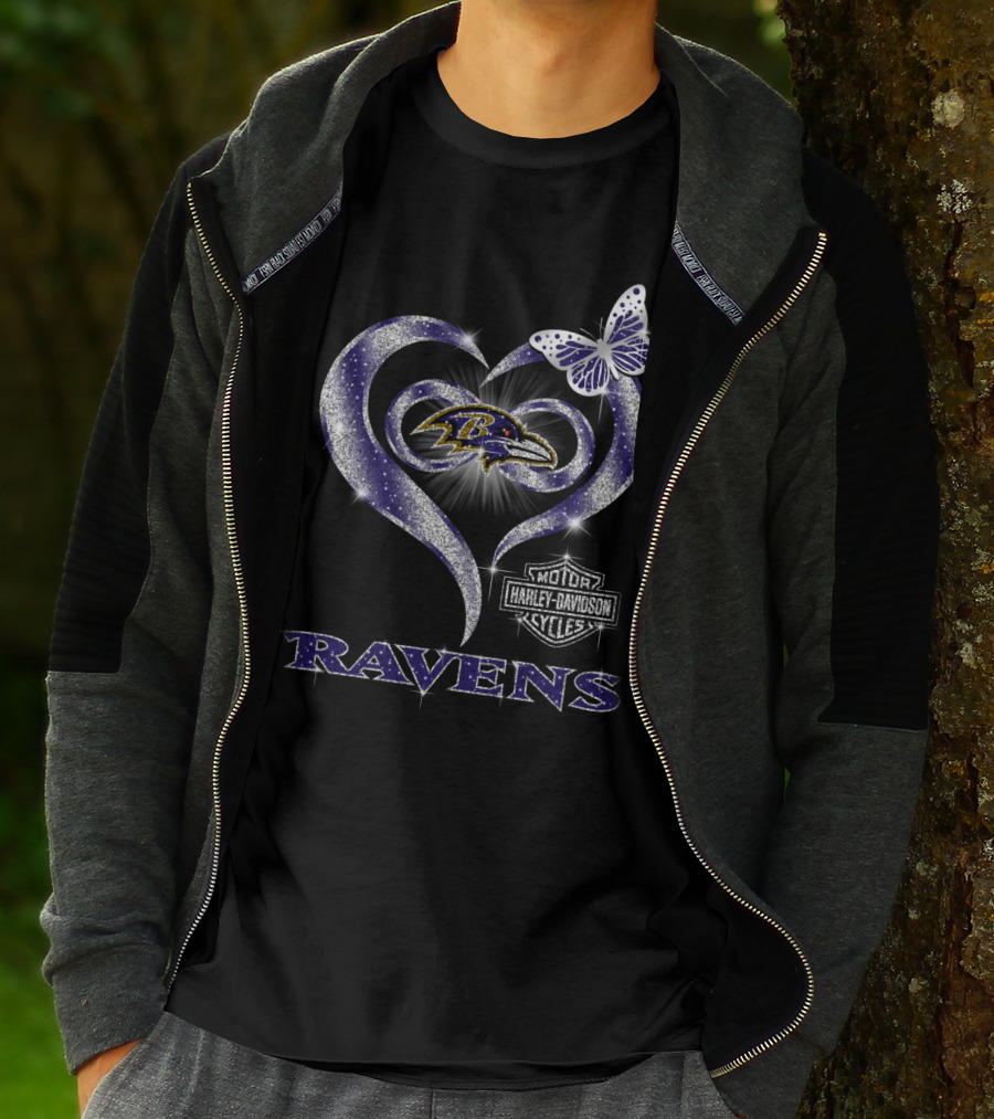 Baltimore Ravens Heart Harley Davidson Butterfly T-Shirt