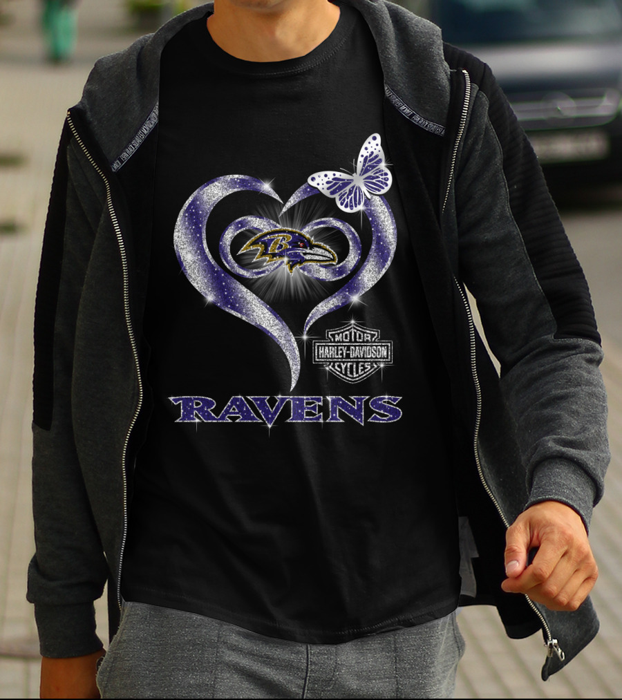 Baltimore Ravens Heart Harley Davidson Butterfly T-Shirt