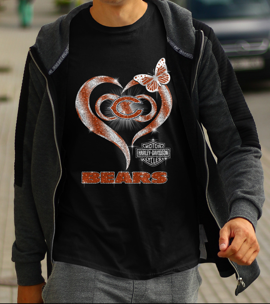 Hlh01 Chicago Bears Heart Butterfly Harley Davidson Cycles T-Shirt