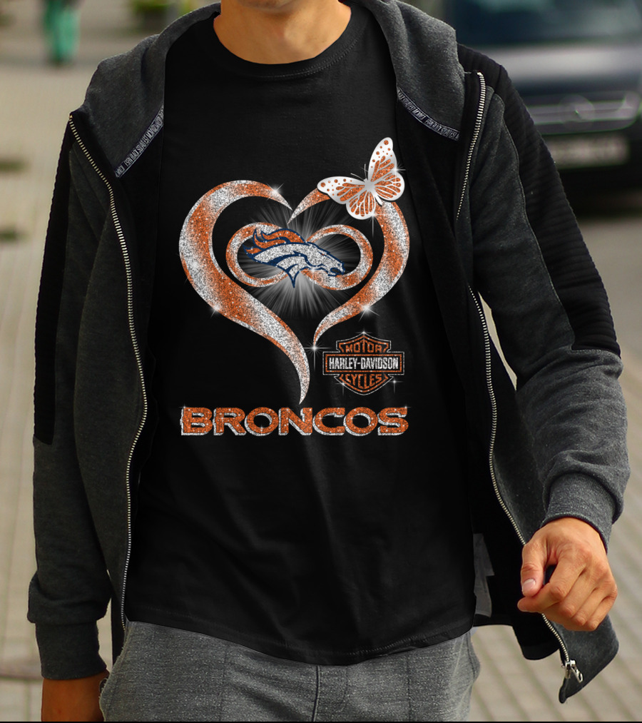 Hlh01 Denver Broncos Harley Davidson Heart Butterfly Sparkle T-Shirt