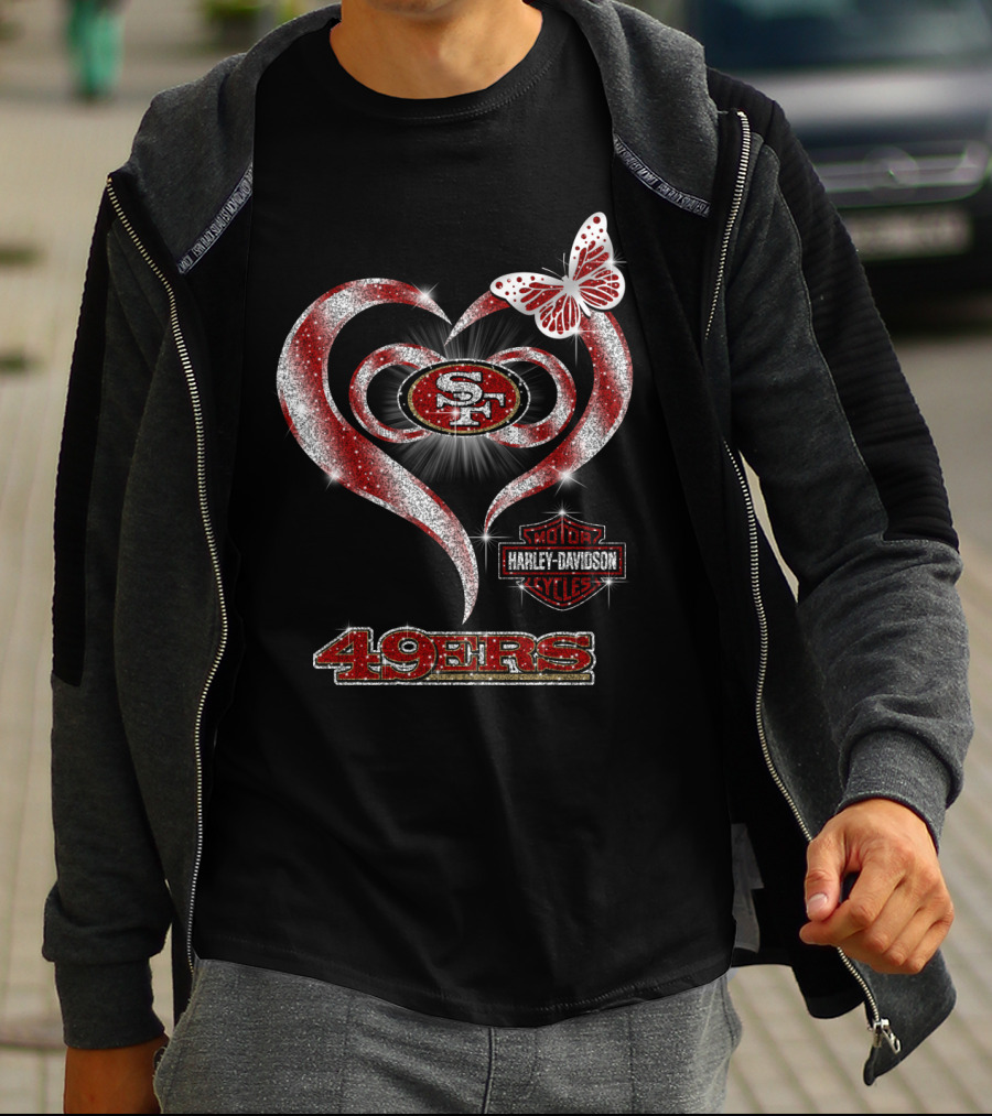 49ers Harley Davidson Heart With Butterfly T-Shirt