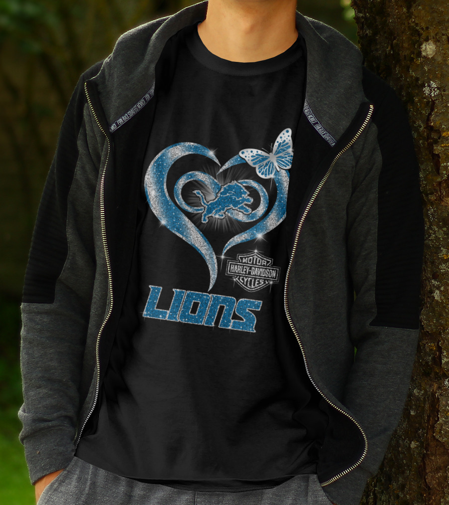 Detroit Lions Harley Davidson Motor Cycles Heart Butterfly T-Shirt
