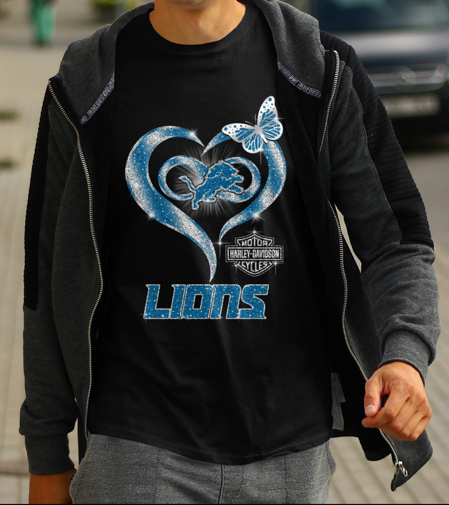 Detroit Lions Harley Davidson Motor Cycles Heart Butterfly T-Shirt