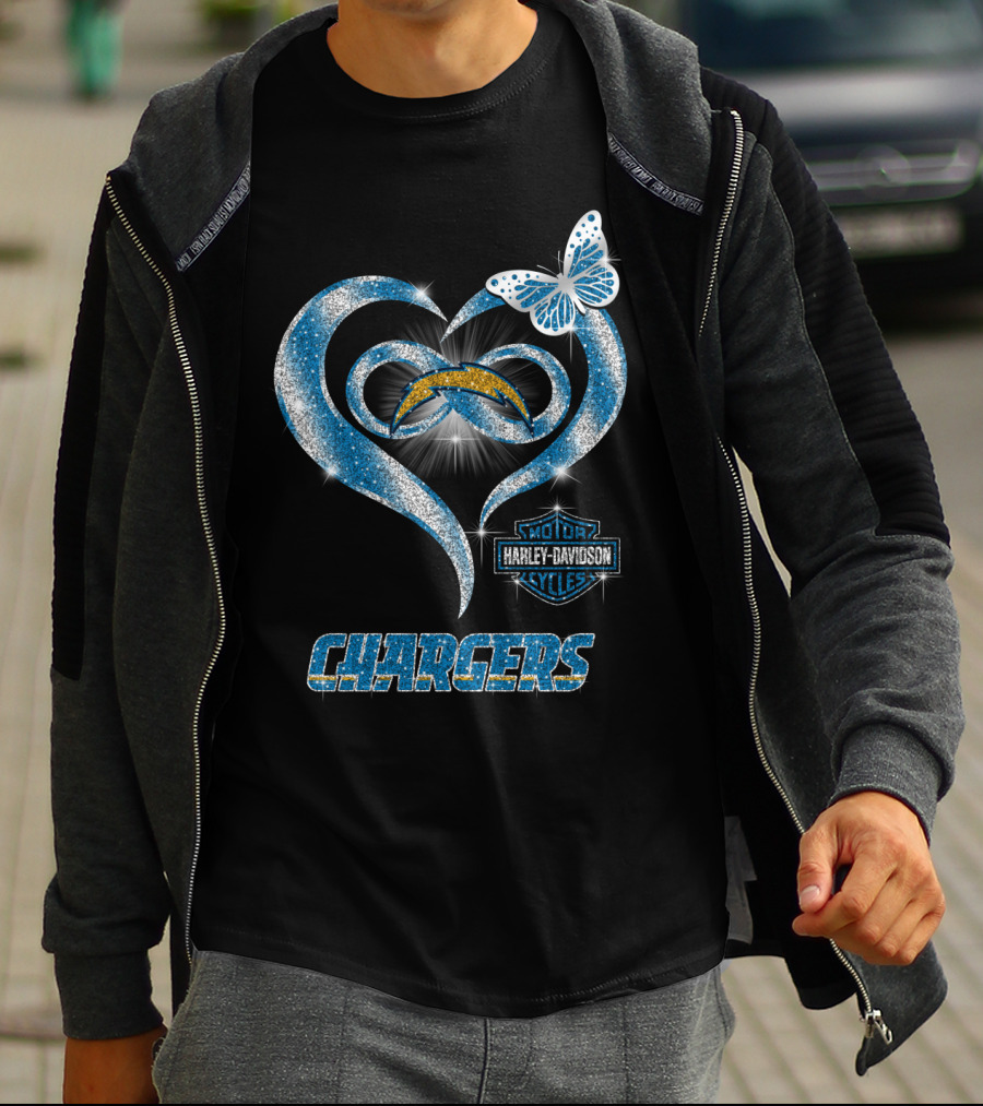 Hlh01 Los Angeles Chargers Harley Davidson Motorcycles Heart Butterfly T-Shirt