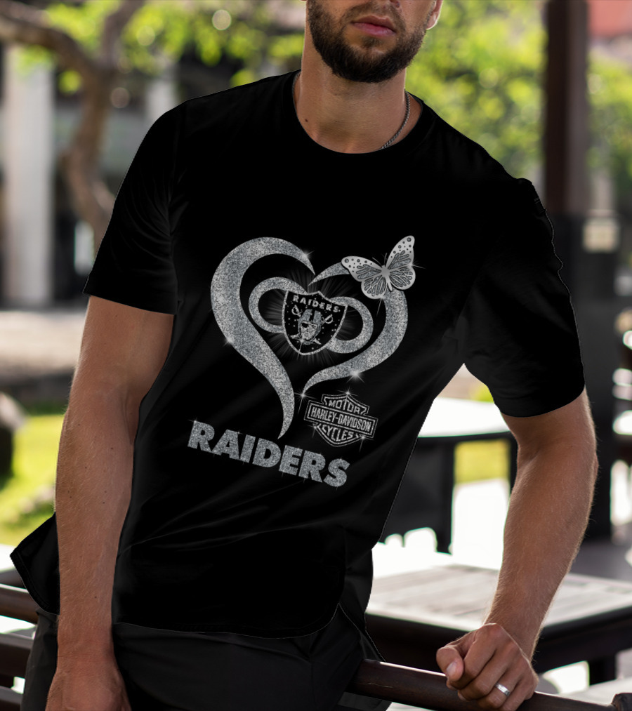Hlh01 Raiders Harley Davidson Cycles Silver Butterfly Heart T-Shirt
