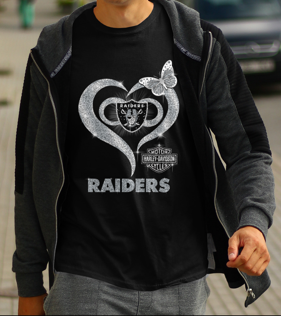 Hlh01 Raiders Harley Davidson Cycles Silver Butterfly Heart T-Shirt