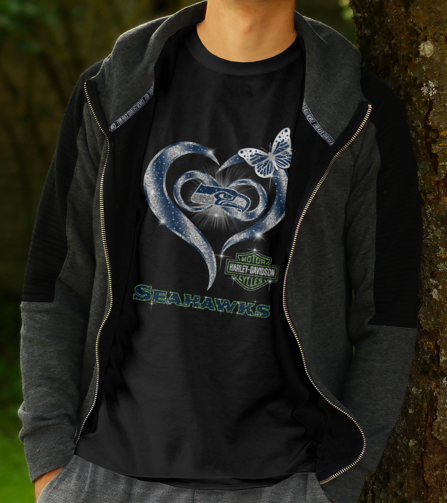 Seattle Seahawks Harley Davidson Heart Butterfly Sparkle T-Shirt