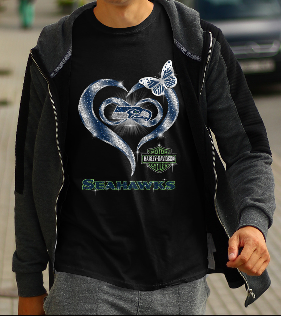 Seattle Seahawks Harley Davidson Heart Butterfly Sparkle T-Shirt