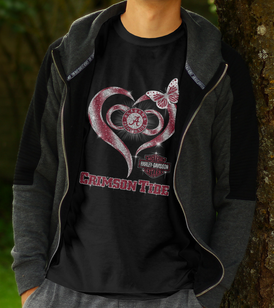 Alabama Crimson Tide Harley Davidson Heart With Butterfly Sparkle T-Shirt