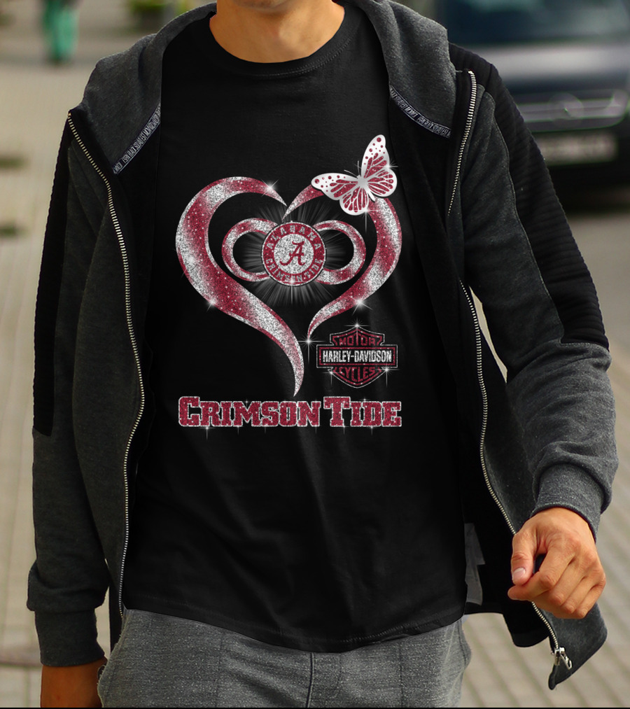 Alabama Crimson Tide Harley Davidson Heart With Butterfly Sparkle T-Shirt