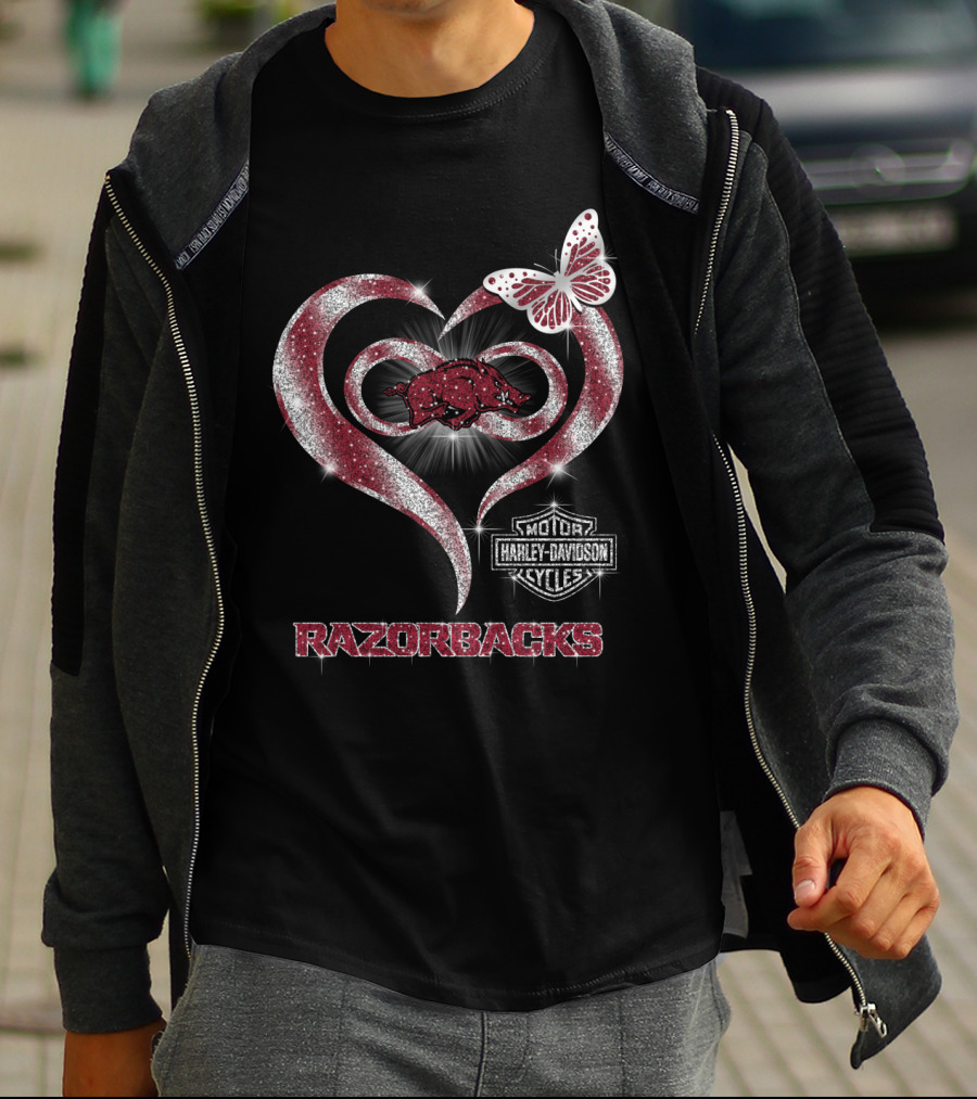Razorbacks Heart Arkansas Harley Davidson Cycles Butterfly T-Shirt