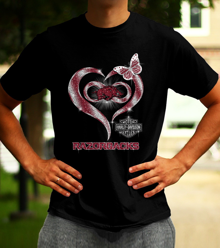 Razorbacks Heart Arkansas Harley Davidson Cycles Butterfly T-Shirt