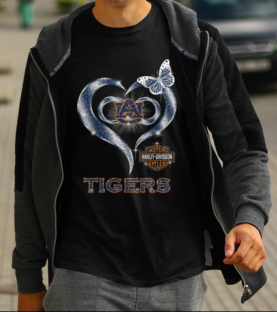 Hlh01 Auburn Tigers Harley Davidson Heart Butterfly T-Shirt