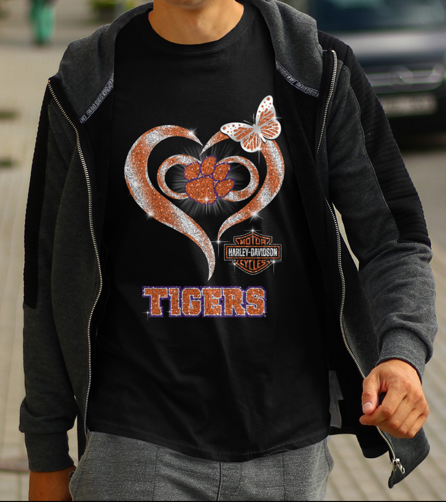 Clemson Tigers Harley Davidson Heart With Paw Print And Butterfly T-Shirt