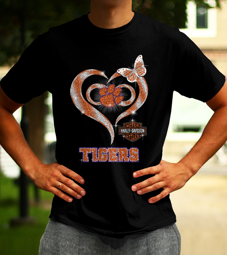 Clemson Tigers Harley Davidson Heart With Paw Print And Butterfly T-Shirt