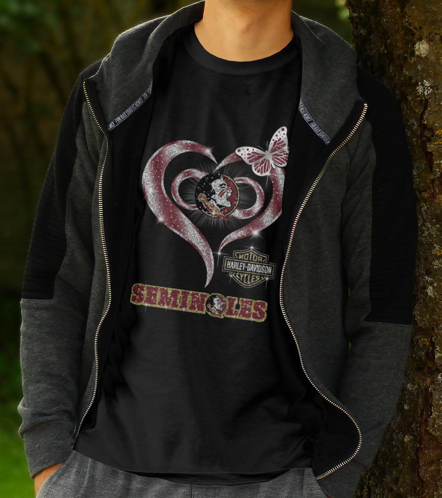 Seminoles Heart With Harley Davidson And Butterfly Motif T-Shirt