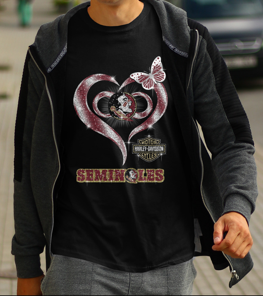 Seminoles Heart With Harley Davidson And Butterfly Motif T-Shirt
