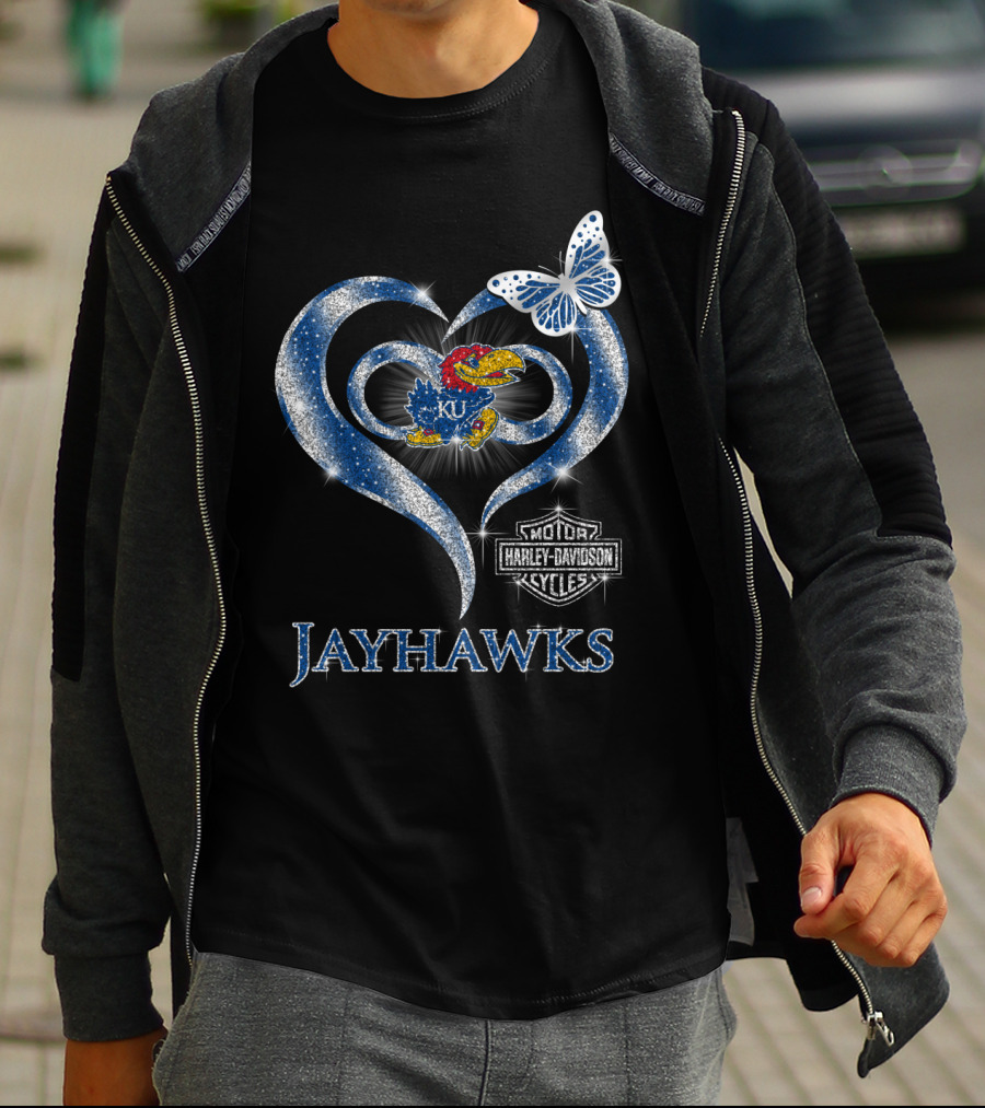 Ku Kansas Jayhawks Harley Davidson Heart Butterfly T-Shirt