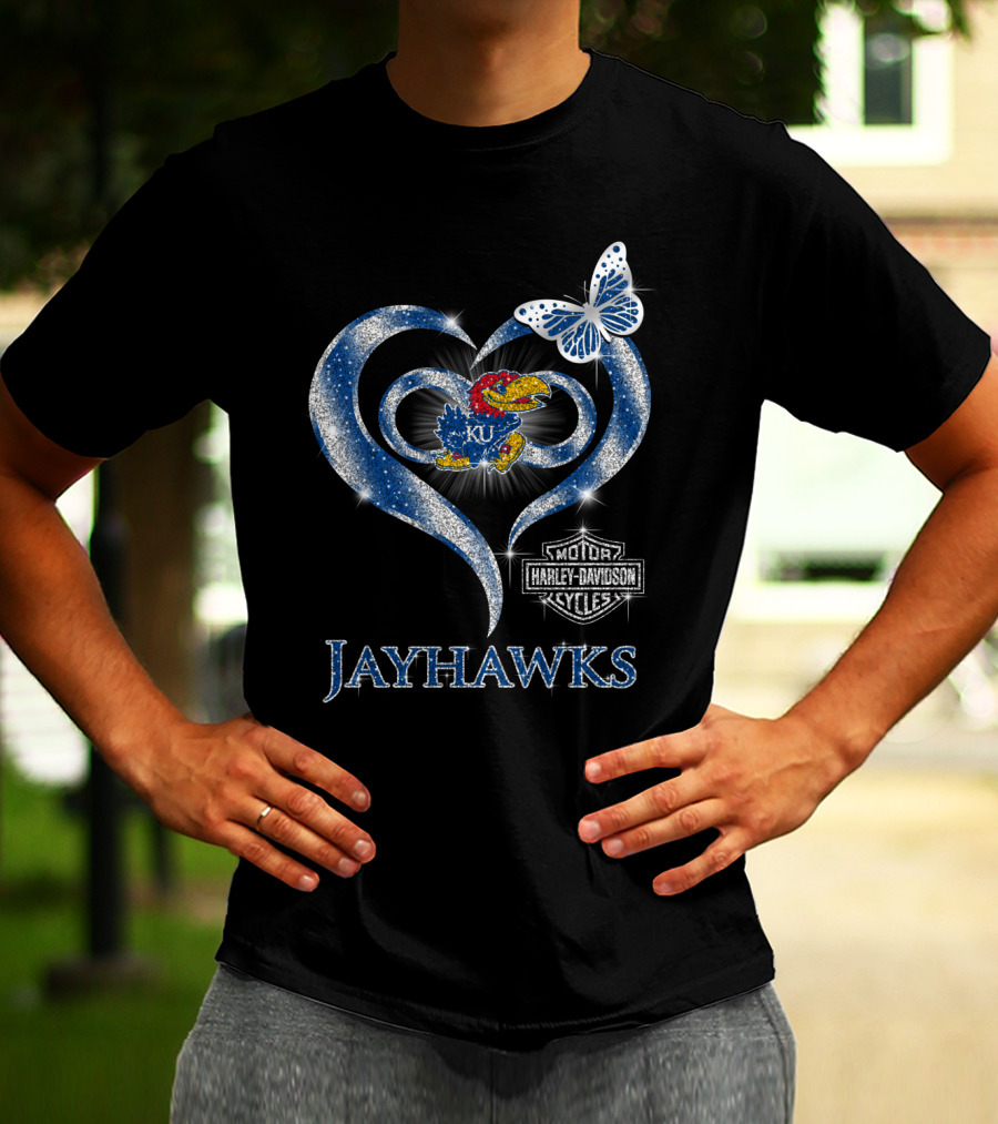 Ku Kansas Jayhawks Harley Davidson Heart Butterfly T-Shirt